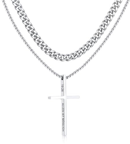 Kreuz Kette Silber mit Gravur für Herren - 2 Stück Ketten mit Kreuzanhänger Edelstahl Schweißfest Kubanische Kette Abschluss Geburtstag Geschenke für Sohn Jungs Männer (Personalisierte, 45 cm/50 cm)