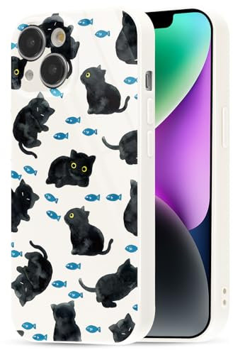 Yirlbey Handyhülle für iPhone 15 Hülle 6,1, Aesthetic Katze Fisch Muster Niedlich Design für Frauen Mädchen, Glitter Silikon Schutzhülle Stoßfest Cover Kratzfest Case für iPhone15, Cat