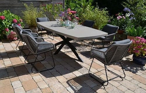 bomey Salo Gartenmöbel-Set 6 Stühle mit Tisch oval Polystone 240 x 100 cm - Gartenstühle in Seiloptik, Outdoor-Möbel für Terrasse, Balkon & Garten