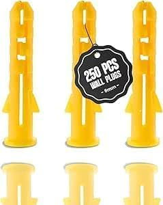 LEDSone Lot de 250 Chevilles murales pour plaques de plâtre, Chevilles à vis brutes de 8 mm, en Plastique, Type Poisson, Fixations (8mm Yellow)
