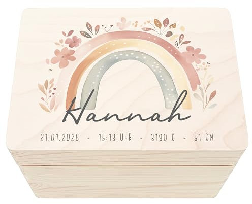 Erinnerungskiste Baby Mädchen personalisierte Holzkiste Erinnerungsbox Regenbogen Geschenk zur Geburt Geburtsgeschenk Holzbox 30x20x13 cm