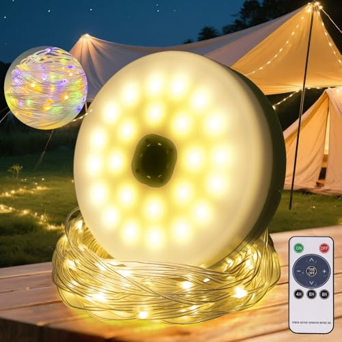 BESCOST Camping Lichterkette Aufrollbar 10M mit Warmweiß & Bunt, Fernbedienung – LED Lichterkette Camping mit 8 Helligkeiten, 10 Modi, USB Aufladung, IP44 Wasserfest für Zelt, Party, Outdoor