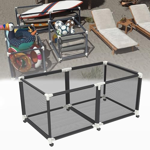 UISEBRT Boîte de rangement pour piscine - 160 x 79 x 88 cm - Avec roulettes - Filet noir - Organiseur pour bouées, balles de plage, nouilles de piscine, jouets et équipement de natation