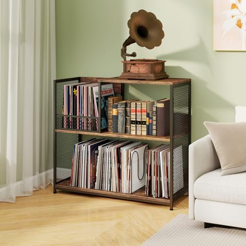 GOPLUS Soporte para Tocadiscos de 3 Niveles, Mesa de Almacenamiento de Vinilos con 3 Divisores Extraíbles y Marco de Metal, Soporte Retro para Tocadiscos para Sala de Estar, Dormitorio, Estudio