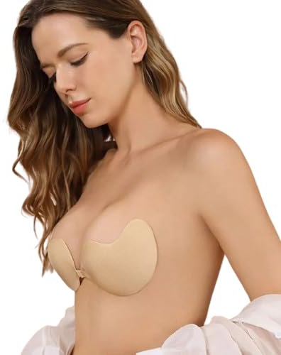 Boolavard Sticky Bra Backless Adhesive Strapless Invisible Push Up Stick on Bras for Women Dresses (UK, Cup & Band, B, Mango Nude)