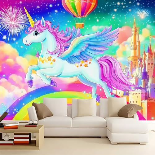 WHUOEUCO 3D Photo Wallpaper Rainbow Unicorn Castle 500x280 cm Fashion Decoration Wall Mural, Non-Woven Wallpaper, for Living Room Bedroom Dining Room Wall Art Painting