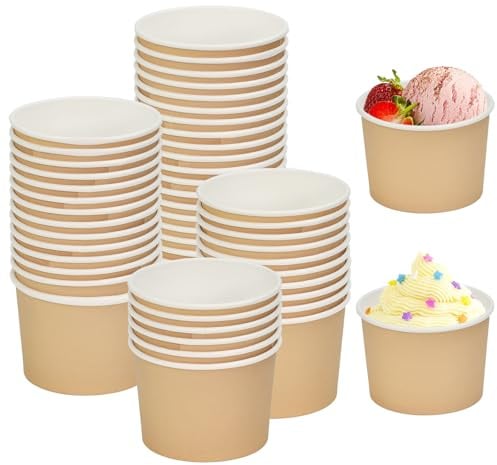 Kleemeiero Eisbecher Pappe 100 Stück Candybar EIS Becher to go pappbecher 240ml Einweg Papier Dessertbecher Holzlöffel Candy bar Becher Papierbecher Eisbecher aus Papier für Gefrorenen Joghurt Suppe