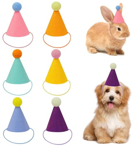 Muorruo 6 Stück Mini-Partyhüte für Kuscheltiere, Kegelhüte für Geburtstagspartys, Puppen, Hunde, Katzen, Verschiedene Tiergeburtstagsdekorationen, Partydekor, Verstellbarer Kegelhut