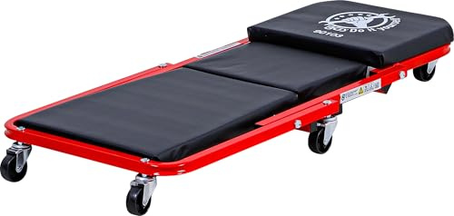 BGS Diy 90103 | Sitz- und Liege-Montageroller | 2-in-1 | Stahlrohrrahmen | 6 um 360° schwenkbare ölbeständige Rollen | Tragfähigkeit Rollbrett max. 150 kg | Sitz max. 130 kg | abwaschbarer Bezug