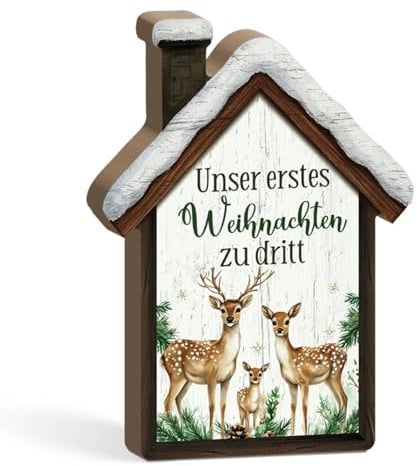 Putuo Decor Weihnachtliche Tischdeko, Tischdeko in Hausform, Deko Unser erstes Weihnachten zu dritt, Weihnachtsdeko aus Holz, Dekorationen mit Elchmotiven, für Esstisch, Bücherregal, Fensterbank