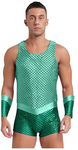 Xnihocha Men Atlantis King Costume Fish Scales Sea God Cosplay Bodysuit With Arm Sleeves For Halloween Party Mint Green M