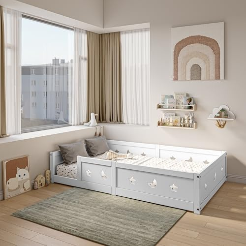 BLSYHDH Kinderbett 120x200 cm,Montessori Bett,Bodenbett aus Holz,Sicheres Kleinkindbett,Kinder Bett Bodenbett Mit Rausfallschutz,Gitterbett Kinder FüR Jungen und MäDchen Geeignet (Weiß-1, 120x200cm)