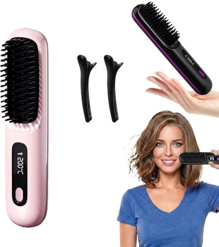 Cocoony Brosse pour Cheveux Courts Brosse Lissante Rechargeable Portable, Design Durable, avec Affichage LCD, Réglage de la température en 3 étapes (Rose)