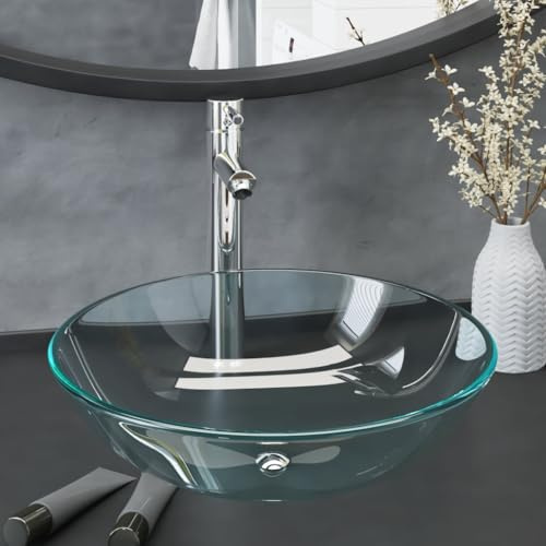 Lavabo rond avec robinet et bonde pop-up en verre trempé - Bonde encastrable pour lavabo