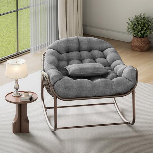 Garvee Komfortabler Papasan Gartenstuhl, Großer Egg rocking Chair | Dickem Polster, Stabiler Metallrahmen, Wetterfest Schaukelstuhl, Schaukelsessel Wohnzimmer, Terrasse, Balkon, Outdoor