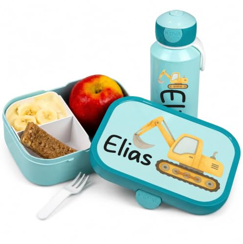 Mepal Brotdose Personalisiert | Süßer Gelber BAgger - Baufahrzeuge | Lunchbox Trinkflasche Lunchpot Personalisiert Mini Müslibecher Geschenk Einschulung Kitastart Kindergarten Schule Flasche