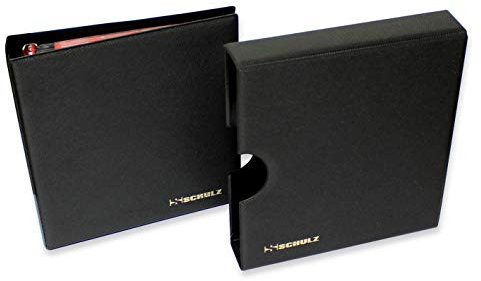 SCHULZ Münzenalbum typ.Hellas 23cm x 20,5cm Münz-Sammelalbum mit 10 Münzhüllen und roten Trennblättern für 221 Diverse Münzen, Roten Trennblättern + Index und Etui. (Schwarz)