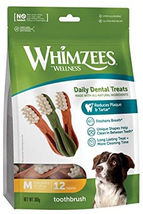 WHIMZEES By Wellness Zahnbürste, Kaustangen für mittelgroße Hunde, Hundesnack zur Zahnpflege, Größe M, 12 Stück, ohne Zuckerzusatz, getreidefrei, natürlich, fettarm