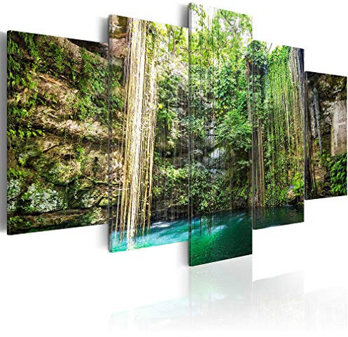 decomonkey Bilder Wasserfall 225x112.5 cm XXL 5 Teilig Leinwandbilder Bild auf Leinwand Wandbild Kunstdruck Wanddeko Wand Wohnzimmer Wanddekoration Deko Wald Natur