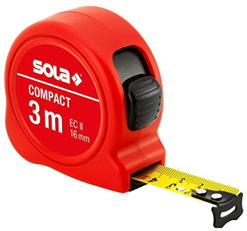 SOLA COMPACT - Bandmaß 3m / 16mm - Taschenbandmaß mit Gürtelclip - Stahlband, gelb lackiert mit mm Skala - Genauigkeitsklasse II - Rollmeter mit beweglichem Endhaken - Metermaß Länge - 3m, 5m, 8m
