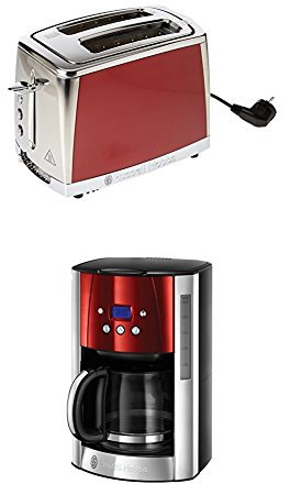 Russell Hobbs 23220-56 Luna Grille-pain de 2 fentes Rouge chromé 1550 W + Russell Hobbs 23240-56 Cafetière Luna Rouge Solaire, Programmable, 1, 8L Rouge chromé 1, 8 Litre, 1000