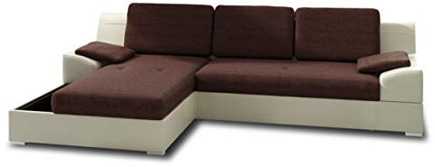Ecksofa Aldo mit Glasregal, Couchgarnitur mit Bettfunktion und Bettkasten, Sofagarnitur, Couch mit Schlaffunktion, Big Sofa (Beige + Braun (Soft 018 + Inari 24), Ecksofa Links)