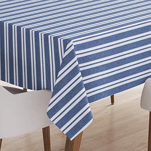 Encasa XO Baumwoll Rechteckig Tischdecke | (140x180 cm) | Franca Blaue Streifen | Tischdecke für Dekoration