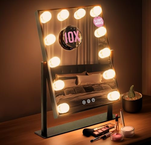 GloBrite Hollywood Mirror with 12 LED Bulbs - 3 Colour Light Modes & Adjustable Brightness, Touch Screen, 360° Rotation, Light Up Mirror, No Assembly Needed, Vanity Mirror with Lights - Black