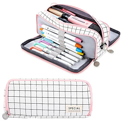iSuperb Federmäppchen Studenten Mäppchen Große Kapazität Pencil Case Teenager Mäppchen Reißverschluss Frauen Make-up Tasche für Schule & Büro Damen Mädchen (Plaid Pink B)