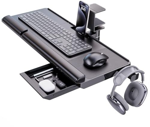 Tilt Adjustable Keyboard Tray Under Desk w/ 360° Rotation - Klearlook Ergonomic Rotatable Computer Keyboard & Mouse Tray 24.4W×10D Sit Stand Desk Keyboard Holder w/Wrist Rest & Storage Drawer-Black