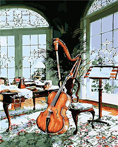 WOWDECOR DIY Malen nach Zahlen für Erwachsene Kinder Mädchen, Violine Musikinstrument Haus 40x50cm Vorgedruckt Leinwand-Ölgemälde (mit Rahmen)