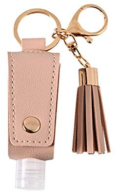 Hfior Lot de bouteilles de voyage de 30 ml avec pompons en cuir et porte-clés - Portable et étanche - Flacons réutilisables pour désinfectant pour les mains, huiles essentielles, contenants liquides