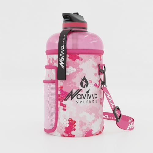 NAVIVVA SPLENDID Large 2L Water Bottle with Insulating Neoprene Cover and Straw Lid - BPA-Free, Dishwasher Safe, Portable, Eco-friendly with Carry Handle – Huge 2.2 Litre Capacity. (Light Pink)