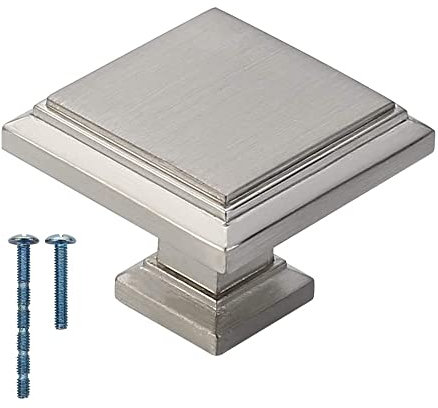 French Furniture Fittings Set of 6 Art-Deco Square Kitchen Cabinet Knobs, Brushed Satin Nickel, Square Handles for Cupboard Doors and Drawers Ltd 32mm
