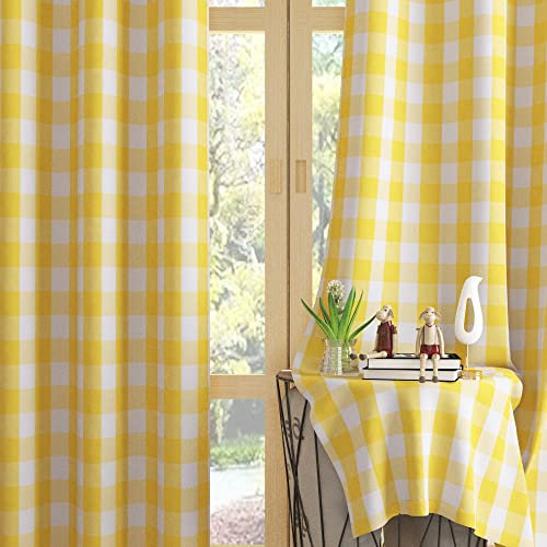 UPOPO Buffalo Karo Fenstervorhänge 160 cm lang Wohnzimmer Baumwolle Vorhang Paneele Schlafzimmer Plaid Gingham Bauernhaus Dekor Vorhänge Stangentasche Küche Bad Keller 2 Paneele Gelb Weiß 132.1x160 cm
