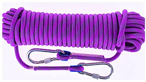 QHY Outdoor-Kletterseil, 10 mm, statisches Kletterseil, Kletterseil, Flucht, Eiskletterausrüstung, Feuerrettung, Fallschirmseil mit 2 Stahlhaken (Farbe: Lila, Größe: 10 m x 10 mm)