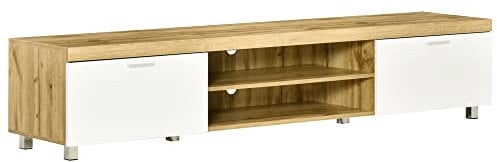 HOMCOM 200cm TV Cabinet for TVs up to 90, Modern TV Unit with Storage and Open Shelves for Living Room and Bedroom, White and Light Brown