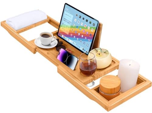 ADOV Bath Tray, Extendable Luxury Home Spa Natural Bamboo Wood Bathtub Shelf Board with Built-in Holder for Book iPad Tablet Phone Glass Candle, Adjustable Bath Caddy Bridge Fits