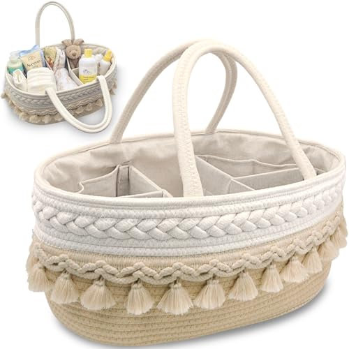MillyBeas Baby Nappy Caddy Organiser with Tassel, Large Cotton Rope Bohemian Basket for Diaper Storage with Changeable Dividers - Newborn Portable Nursery Boho Hamper for Mums