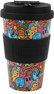 IDRINK® - Tasse à café RPET avec bouchon en silicone ouvrant, facile à porter 435 ml, Mug à emporter en plastique recyclé 8.7 x 8.7 x 15 cm ergonomique 435 ml (DOODLE)