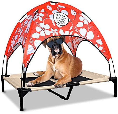 Floppy Dawg Just Chillin' Hundebett LuxLife Edition mit zwei Designer-Vordächern. Leicht und tragbar, für drinnen und draußen. Stilvoll auf erhöhtem atmungsaktivem Netzgewebe.