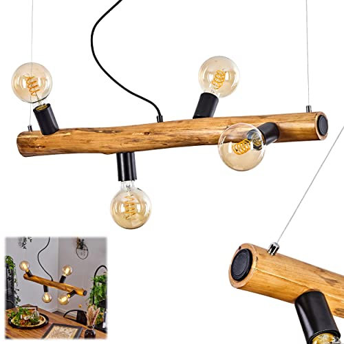 HOFSTEIN Pendelleuchte Beccar, moderne Hängelampe aus Metall/Holz in Schwarz/Natur, Hängeleuchte mit Holzstab im skandinavischen Look, Höhe max. 123 cm, Länge 80 cm, 4-flammig, 4 x E27