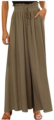 Azruma Hose Damen Elegant Chiffon Kordelzug High Waist Plissee Weites Bein Lang Hose mit Taschen Palazzo Einfarbig Culottes-Hose Strandhose Lose Lässige Freizeithose Schlupfhose Pumphose