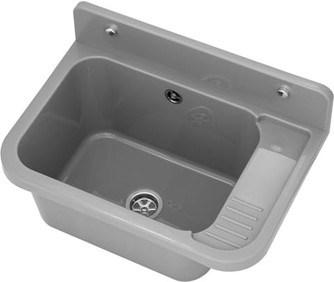 Granitan Ausgussbecken für Garage Keller Werkstatt und Waschküche - Universal Waschtrog Set mit Siphon - Waschbecken mit Abtropfschale Wandmontage aus Polypropylen - 50x34x31 cm - Grau - Figo