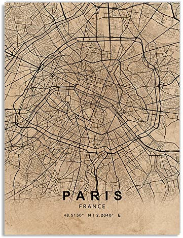 YMXCNM Leinwand Bilder,Retro Paris Stadtplan Drucke Poster Wandkunst Gemälde Rechteckige Karte Bilder Pop Artwork Für Wohnzimmer Schlafzimmer Wohnkultur,30X40Cm/11.81X15.74 In