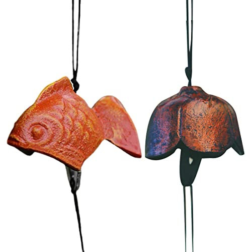Oavand 2er-Set, japanisches Windspiel Bless, klein, für den Außenbereich, von Iwachu, Gusseisen, Glücksbringer, Windglocke, Gedenk- und Trauerklang, Terrasse, Balkon (Goldfisch und Pflaume)