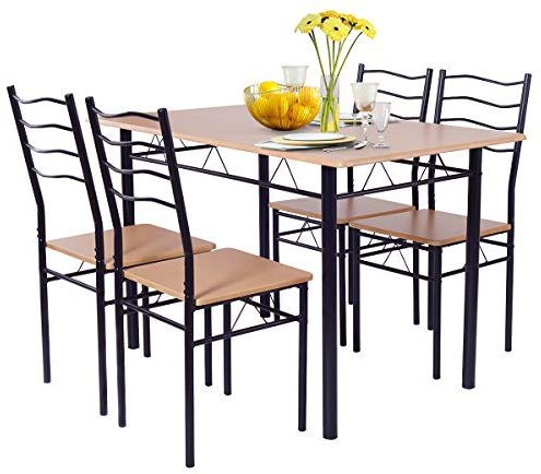 GIANTEX Essgruppe Esstisch mit 4 Stühlen, Esszimmergruppe Kleiner Küchentisch Set für 4 Personen, Esszimmer Tisch Set, Bistro-Set Sitzgruppe Platzsparend zusammenschiebbar (Natur+Schwarz)
