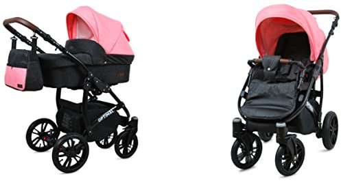 BabyLux Optimal 2-in-1 Baby Kinderwagen Tief und Kinderwagen mit Zubehör Verstellbar und faltbar Aluminium Konstruktion Wasserdicht Nicht abnehmbare Räder Black Flex Black Frame