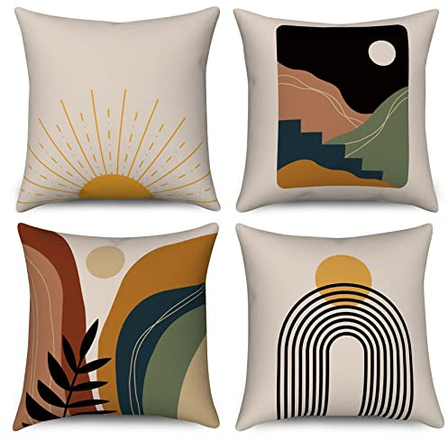 Hnmdmyi Kissenbezug Boho 45x45 4er Set, Abstrakte Sonne Sonnenuntergang Sonnenaufgang Linie Regenbogen Berg Dekorative Kissenbezüge Natur Landschaft Moderne Kunst Leinen Kissenhülle für Home Decor