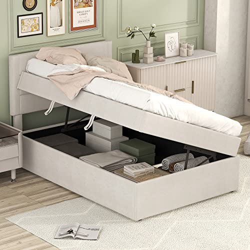 Polsterbett 90 x 200cm, Einzelbett aus Linen mit Lattenrost aus Metallrahmen,hydraulisches Funktionsbett mit Kopfteil, Großer Stauraum (Beige, 90 x 200cm)